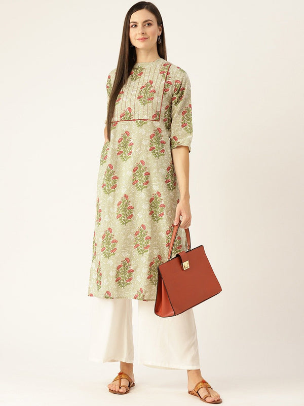 Women Beige Calf Length Three-Quarter Sleeves A-Line Floral Yoke Design Cotton Kurta | NOZ2TOZ - Made In INDIA.