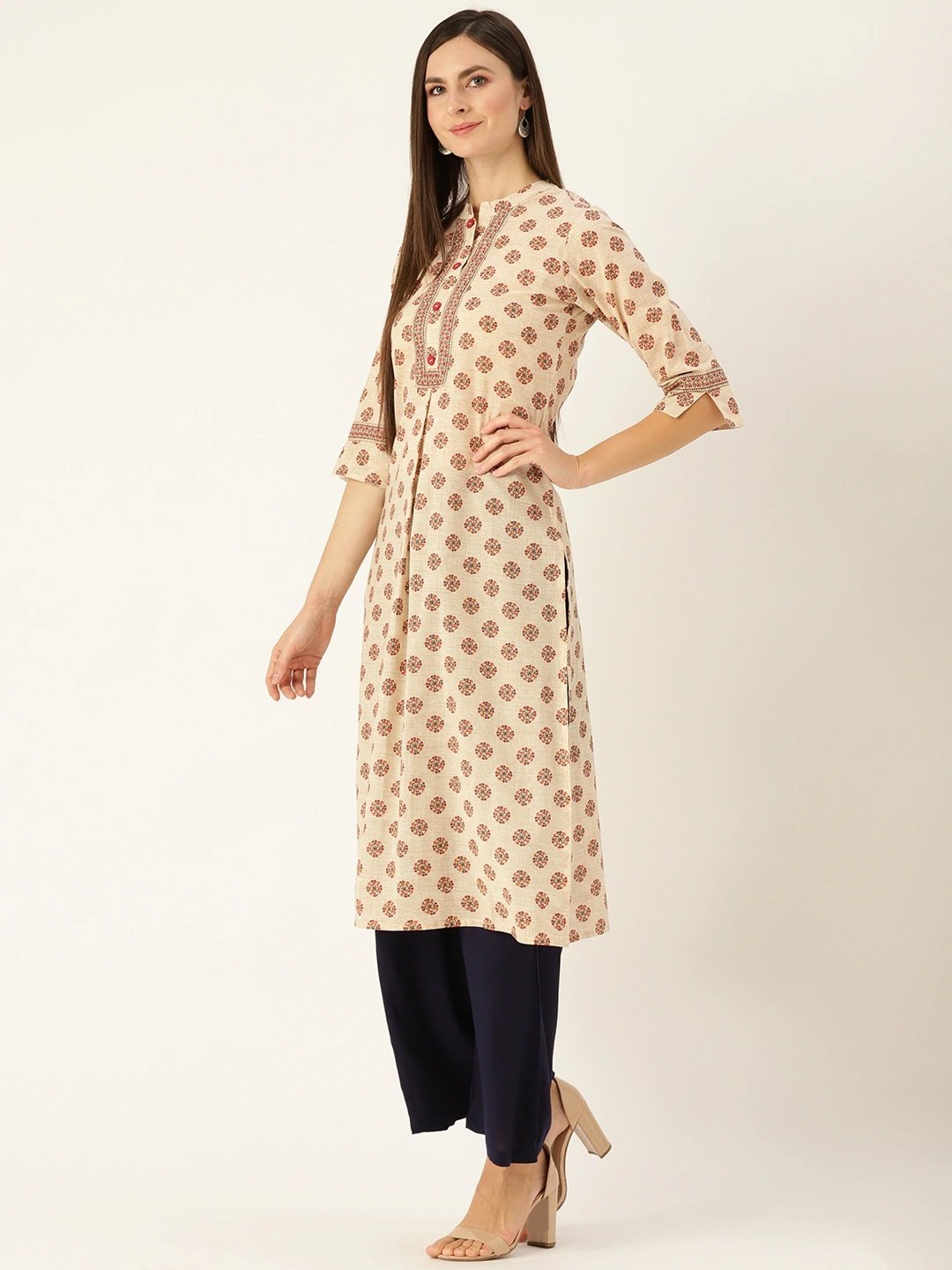 Women Offwhite Calf Length Three-Quarter Sleeves A-Line Ethnic Motifs Yoke Design Cotton Kurta | NOZ2TOZ - Made In INDIA.