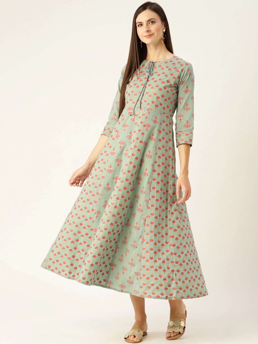 Women Metalic Green Ethnic Motifs Printed Round Neck Cotton Maxi Dress | NOZ2TOZ - Made In INDIA.