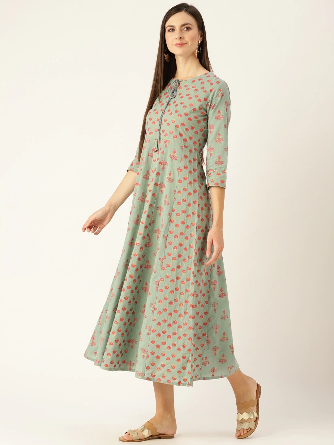 Women Metalic Green Ethnic Motifs Printed Round Neck Cotton Maxi Dress | NOZ2TOZ - Made In INDIA.