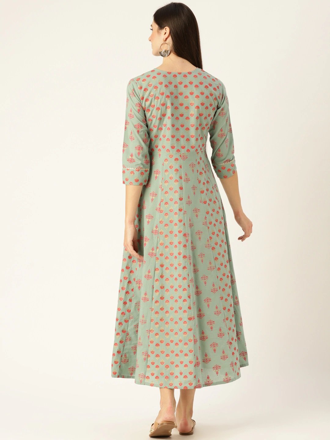 Women Metalic Green Ethnic Motifs Printed Round Neck Cotton Maxi Dress | NOZ2TOZ - Made In INDIA.