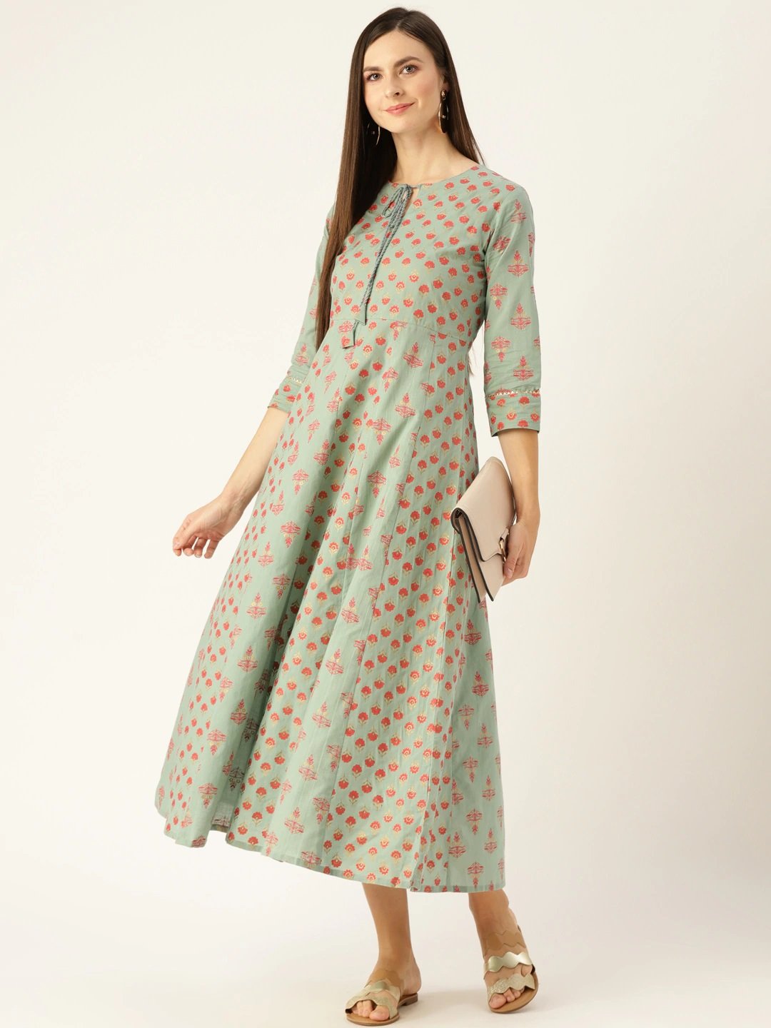 Women Metalic Green Ethnic Motifs Printed Round Neck Cotton Maxi Dress | NOZ2TOZ - Made In INDIA.