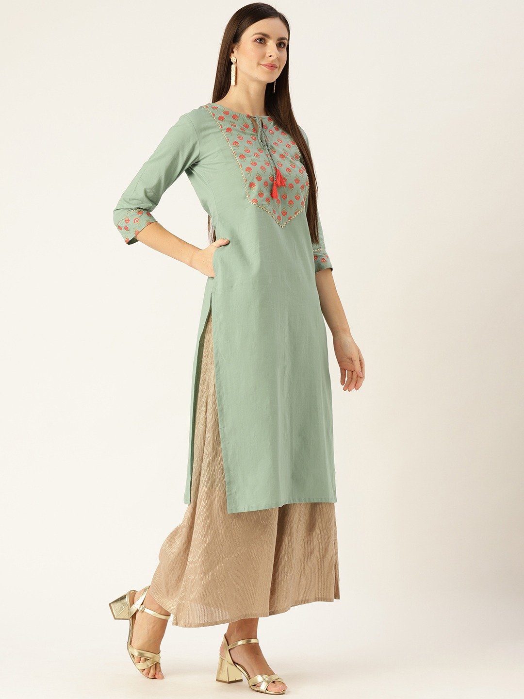 Women Blue Calf Length Three-Quarter Sleeves A-Line Solid Yoke Design Cotton Kurta | NOZ2TOZ - Made In INDIA.