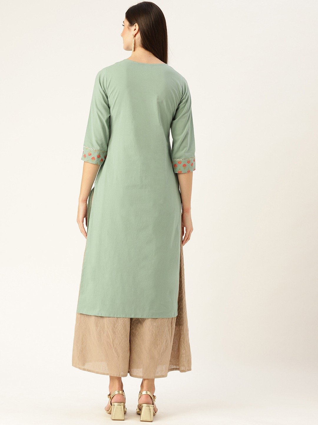 Women Blue Calf Length Three-Quarter Sleeves A-Line Solid Yoke Design Cotton Kurta | NOZ2TOZ - Made In INDIA.