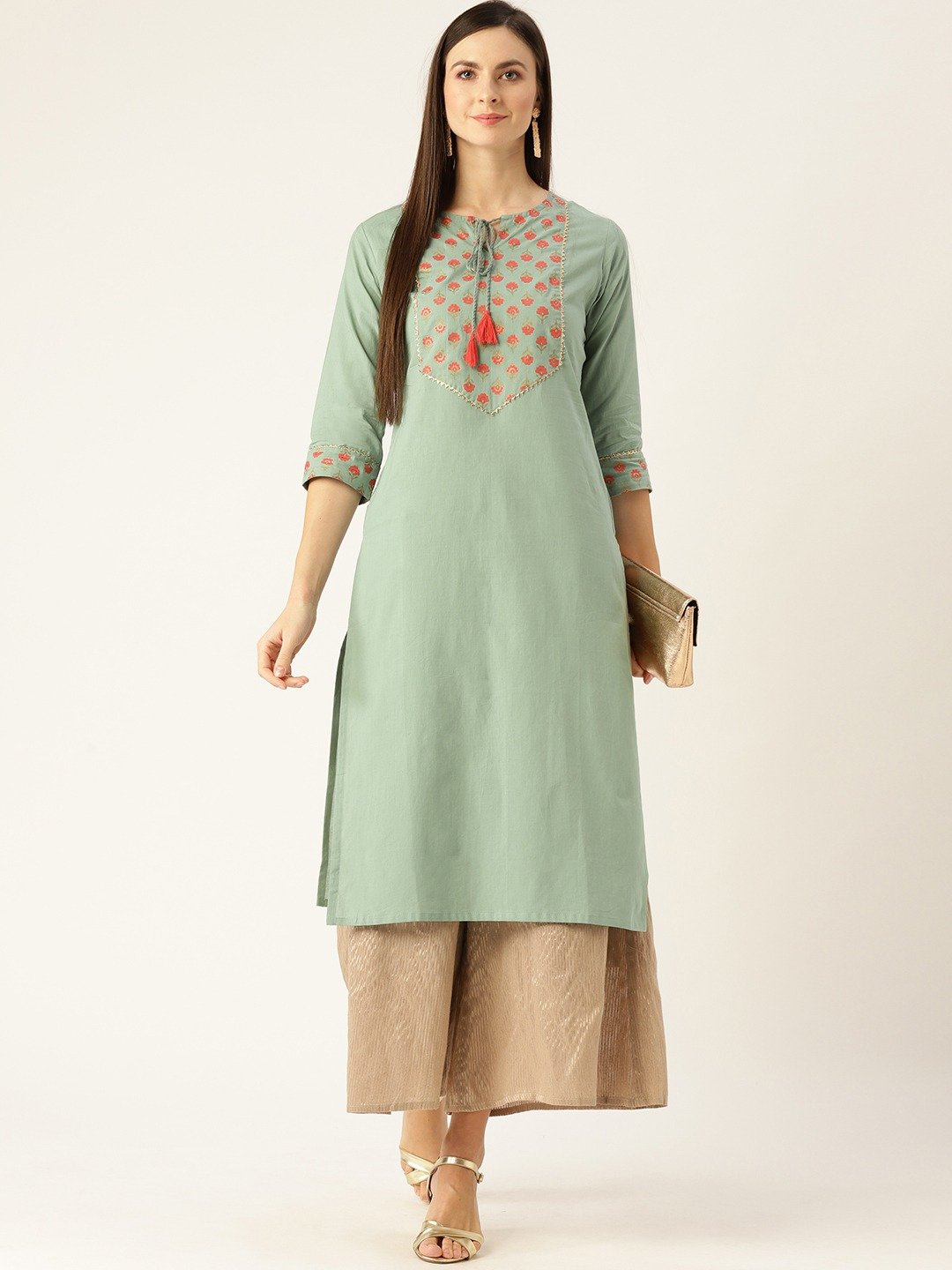 Women Blue Calf Length Three-Quarter Sleeves A-Line Solid Yoke Design Cotton Kurta | NOZ2TOZ - Made In INDIA.