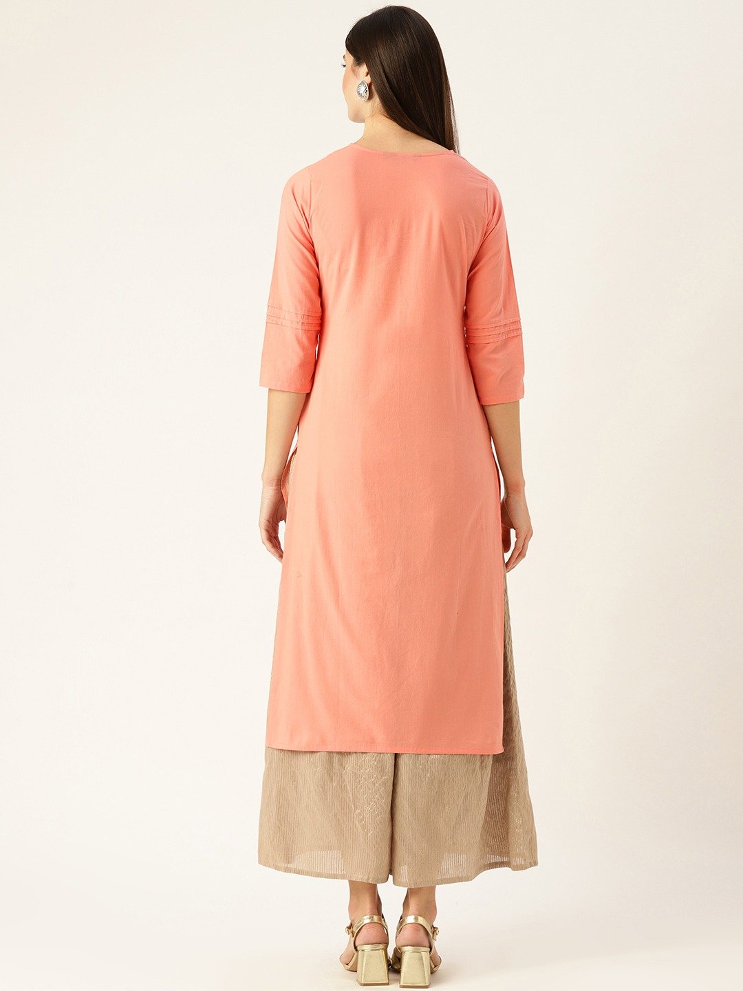 Women Pink Calf Length Three-Quarter Sleeves Straight Solid Yoke Design Cotton Kurta | NOZ2TOZ - Made In INDIA.