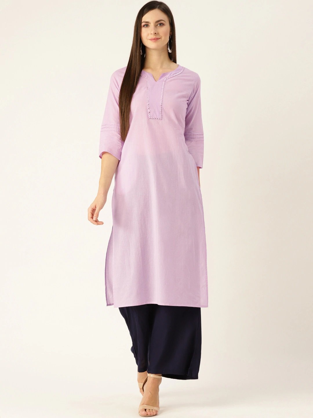 Women Lavender Calf Length Three-Quarter Sleeves Straight Solid Yoke Design Cotton Kurta | NOZ2TOZ - Made In INDIA.