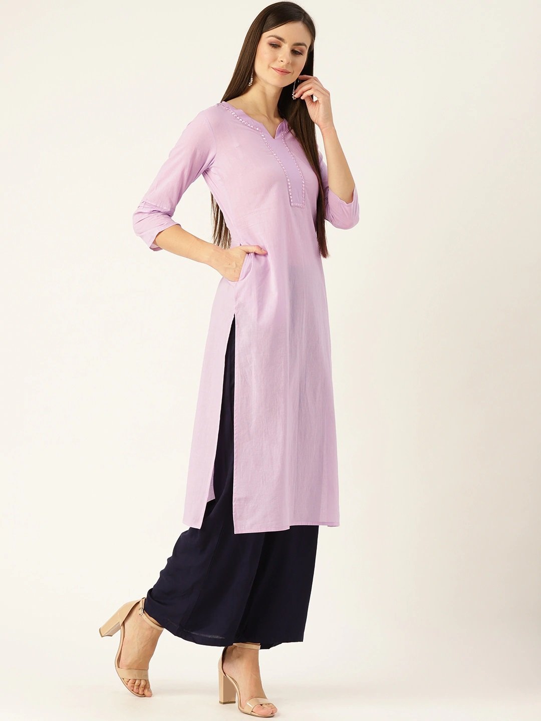 Women Lavender Calf Length Three-Quarter Sleeves Straight Solid Yoke Design Cotton Kurta | NOZ2TOZ - Made In INDIA.