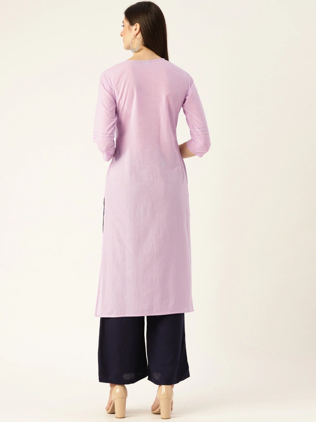 Women Lavender Calf Length Three-Quarter Sleeves Straight Solid Yoke Design Cotton Kurta | NOZ2TOZ - Made In INDIA.