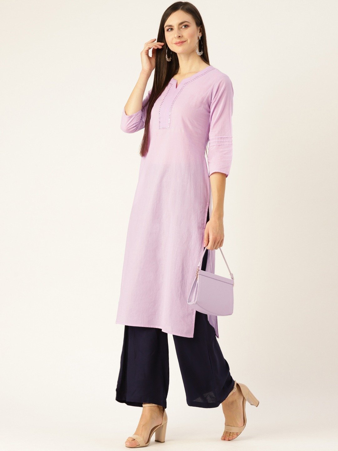 Women Lavender Calf Length Three-Quarter Sleeves Straight Solid Yoke Design Cotton Kurta | NOZ2TOZ - Made In INDIA.