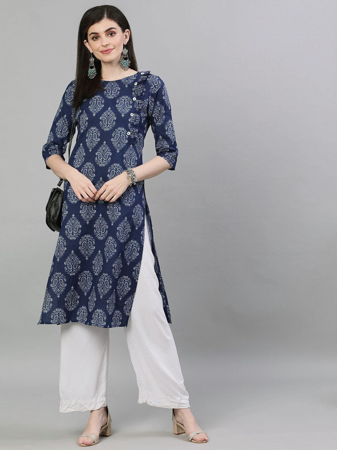 Women Navy Blue & White Printed Straight Kurta | NOZ2TOZ - Made In INDIA.