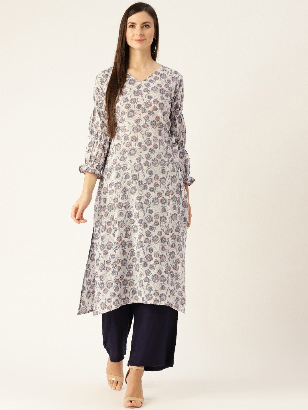 Women Grey Calf Length Three-Quarter Sleeves A-Line Floral Printed Cotton Kurta | NOZ2TOZ - Made In INDIA.