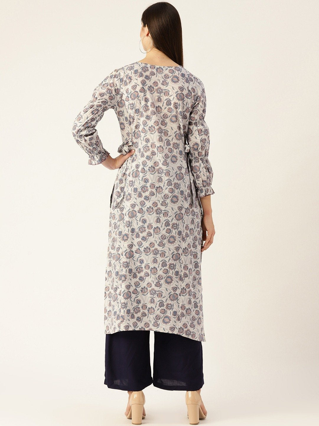 Women Grey Calf Length Three-Quarter Sleeves A-Line Floral Printed Cotton Kurta | NOZ2TOZ - Made In INDIA.