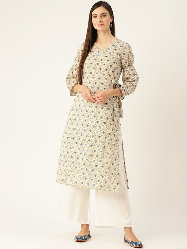 Women Grey Calf Length Three-Quarter Sleeves A-Line Ethnic Motifs Printed Cotton Kurta | NOZ2TOZ - Made In INDIA.