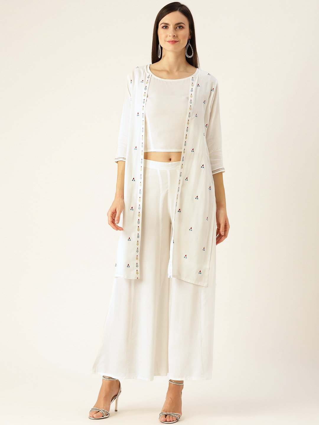 Women Offwhite Embroidered Top Pant with shrug Set | NOZ2TOZ - Made In INDIA.