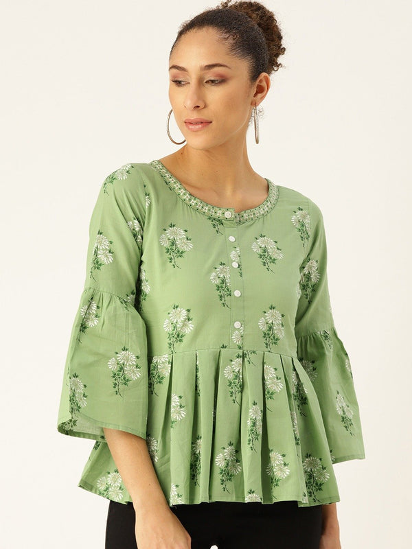 Women Green Three-Quarter Sleeves Gathered or Pleated Top | NOZ2TOZ - Made In INDIA.