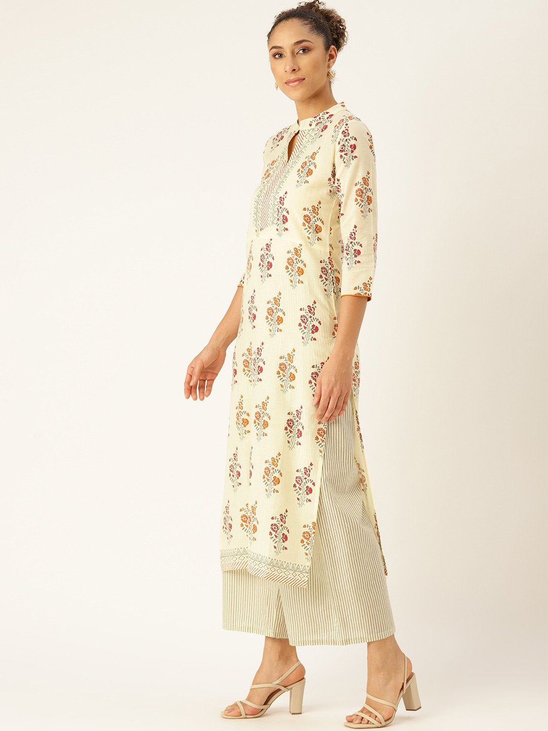 Women Offwhite Three-Quarter Sleeves Straight Kurta Palazzo and Dupatta Set | NOZ2TOZ - Made In INDIA.