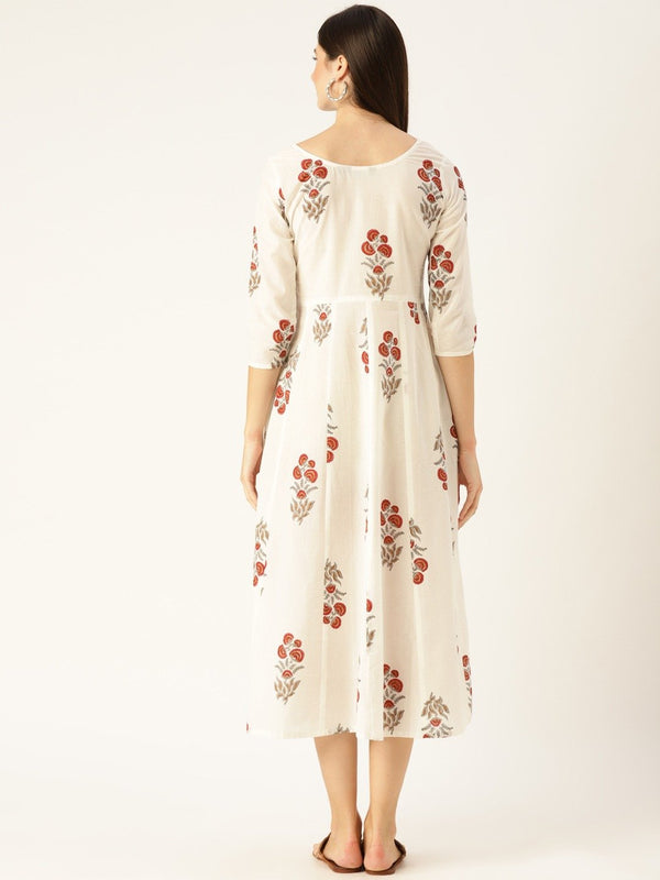 Women White Floral Printed Round Neck Cotton Fit and Flare Dress | NOZ2TOZ - Made In INDIA.