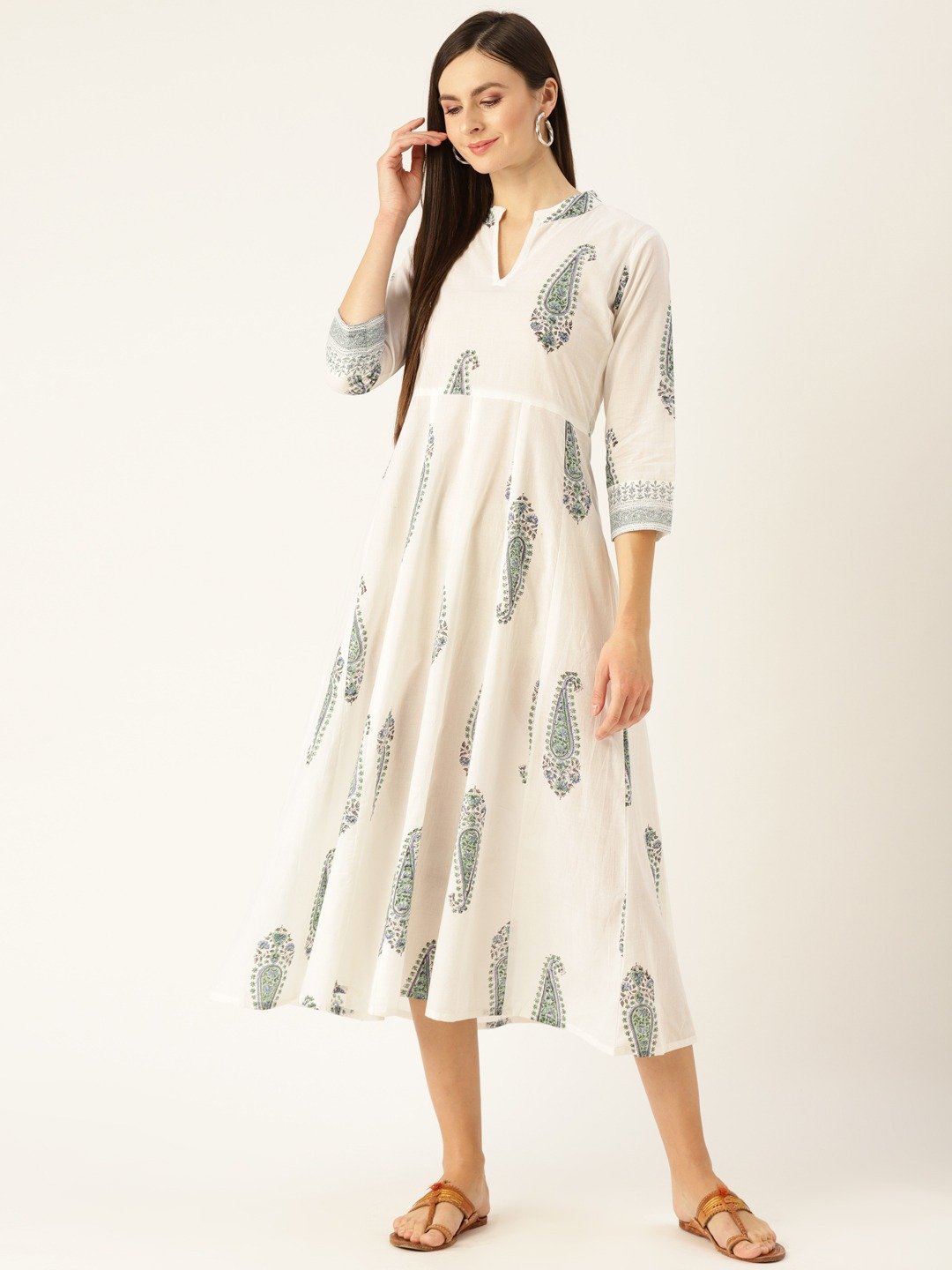 Women White Floral Printed Mandarin Collar Cotton Maxi Dress | NOZ2TOZ - Made In INDIA.