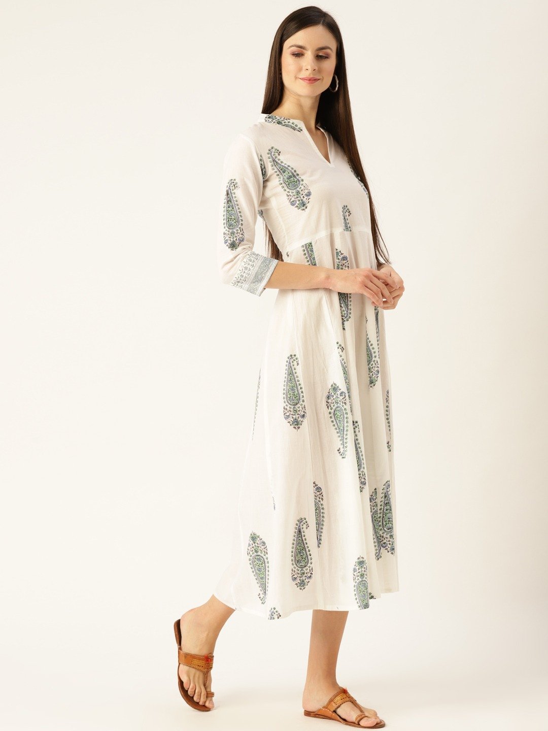 Women White Floral Printed Mandarin Collar Cotton Maxi Dress | NOZ2TOZ - Made In INDIA.