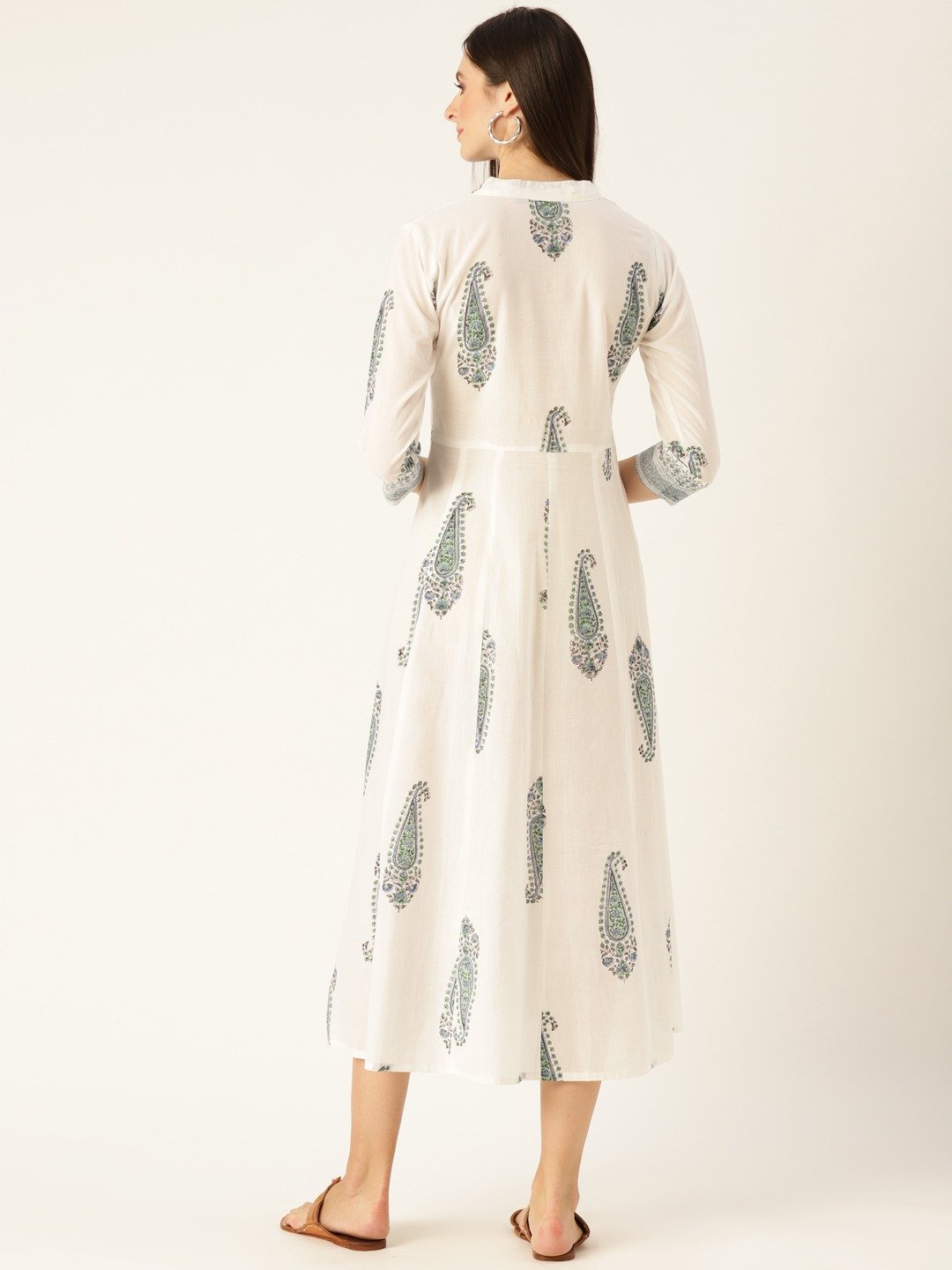 Women White Floral Printed Mandarin Collar Cotton Maxi Dress | NOZ2TOZ - Made In INDIA.