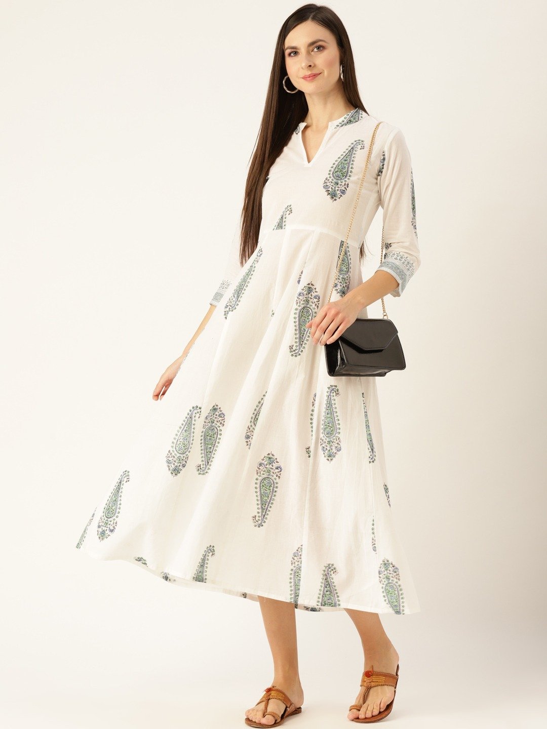 Women White Floral Printed Mandarin Collar Cotton Maxi Dress | NOZ2TOZ - Made In INDIA.