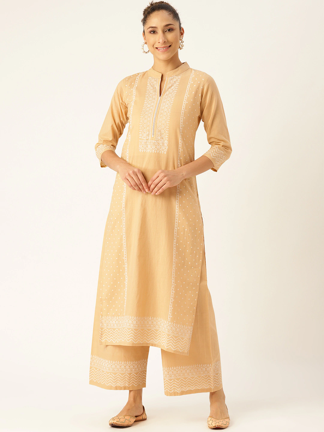 Women Beige & White Printed Kurta with Palazzos | NOZ2TOZ - Made In INDIA.