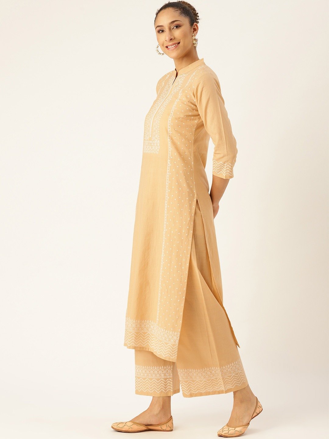 Women Beige & White Printed Kurta with Palazzos | NOZ2TOZ - Made In INDIA.