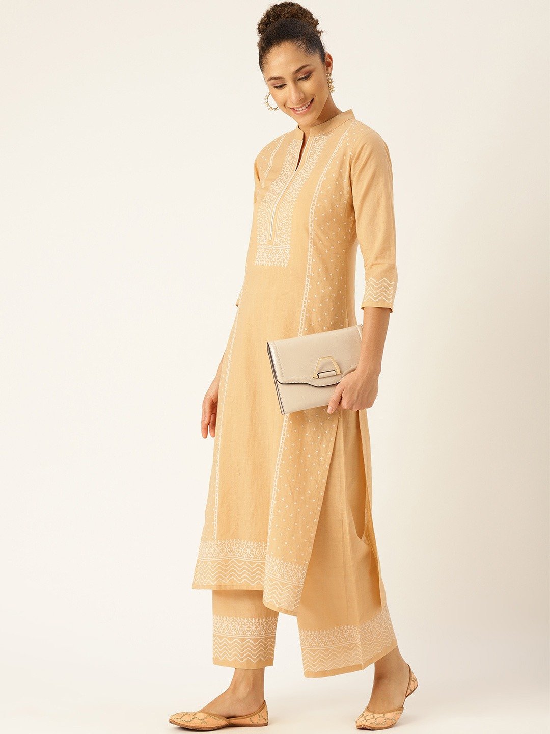 Women Beige & White Printed Kurta with Palazzos | NOZ2TOZ - Made In INDIA.