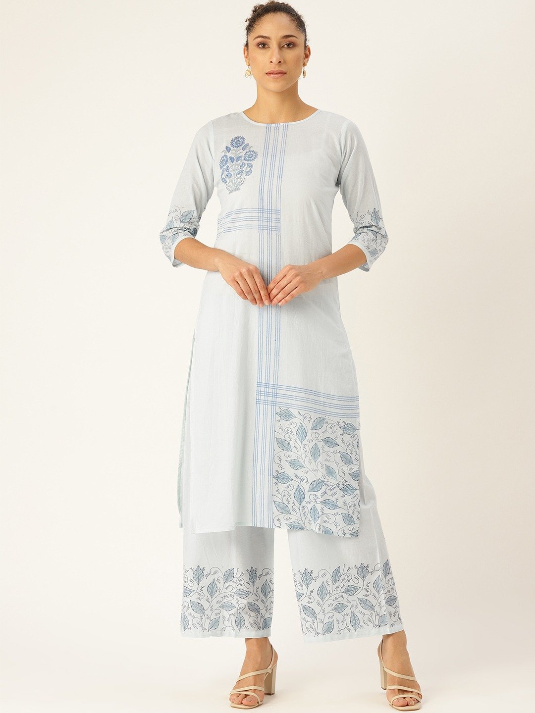 Women Blue Three-Quarter Sleeves Straight Kurta with Palazzo Set | NOZ2TOZ - Made In INDIA.