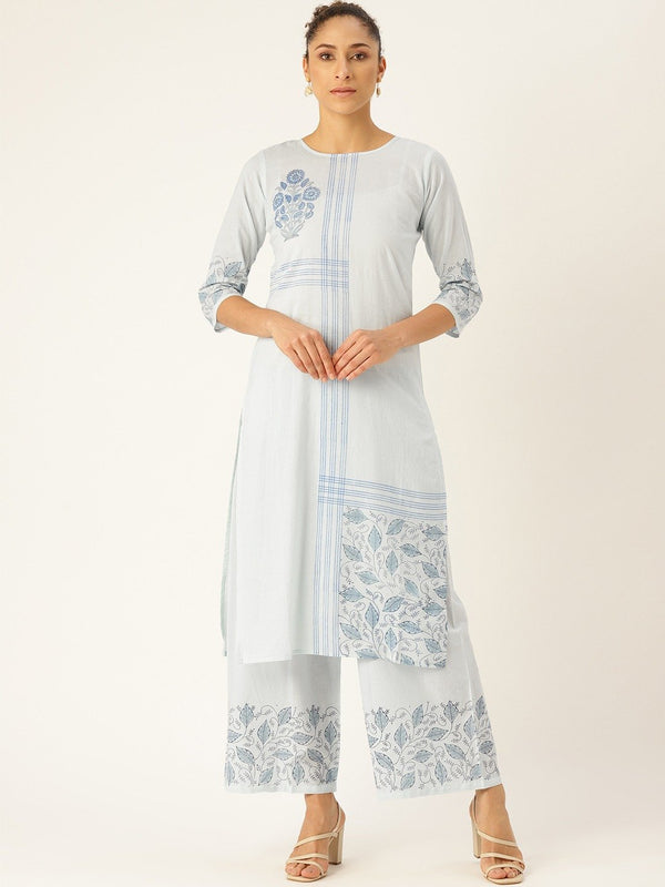 Women Blue Three-Quarter Sleeves Straight Kurta with Palazzo Set | NOZ2TOZ - Made In INDIA.