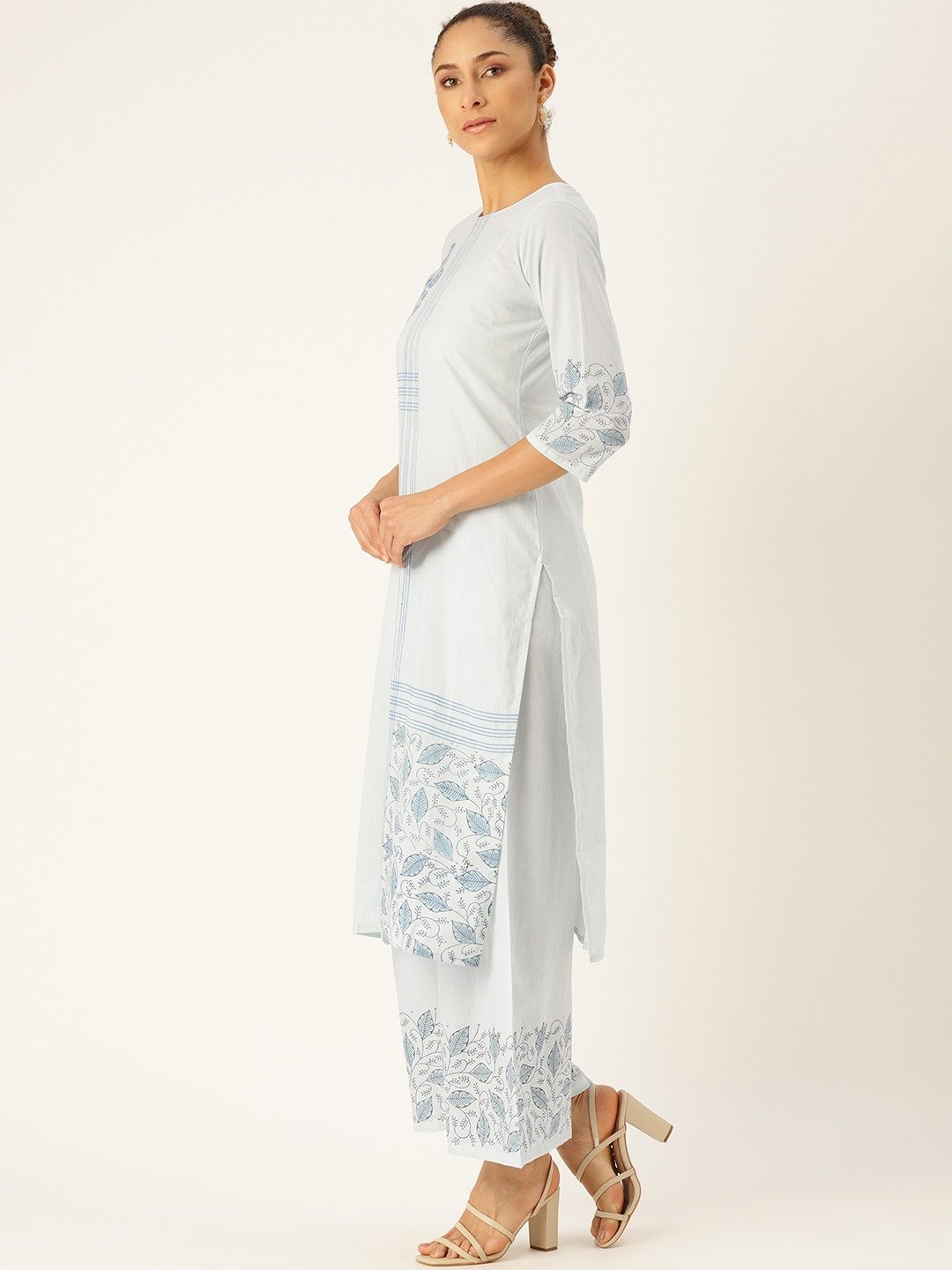 Women Blue Three-Quarter Sleeves Straight Kurta with Palazzo Set | NOZ2TOZ - Made In INDIA.