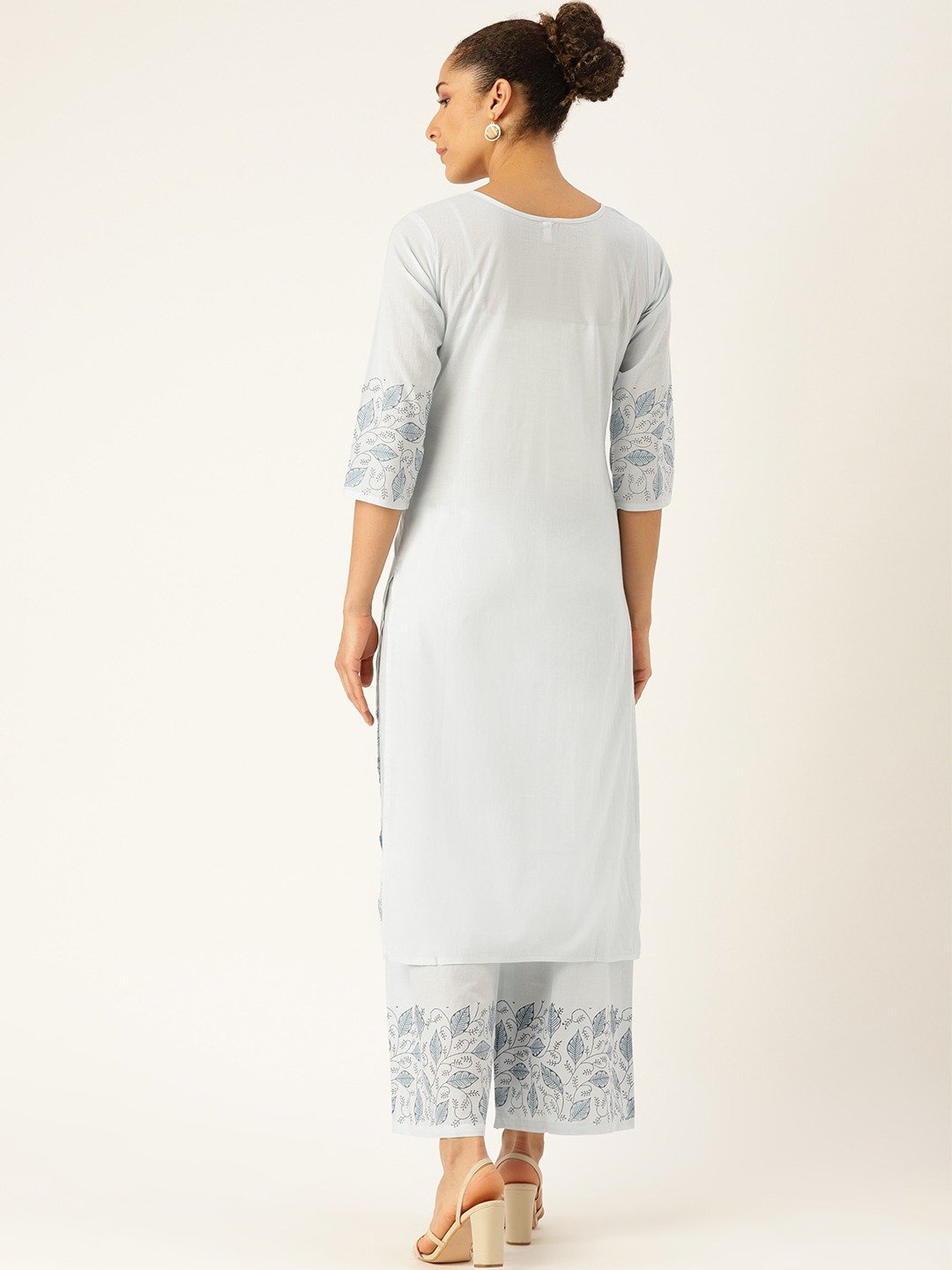 Women Blue Three-Quarter Sleeves Straight Kurta with Palazzo Set | NOZ2TOZ - Made In INDIA.