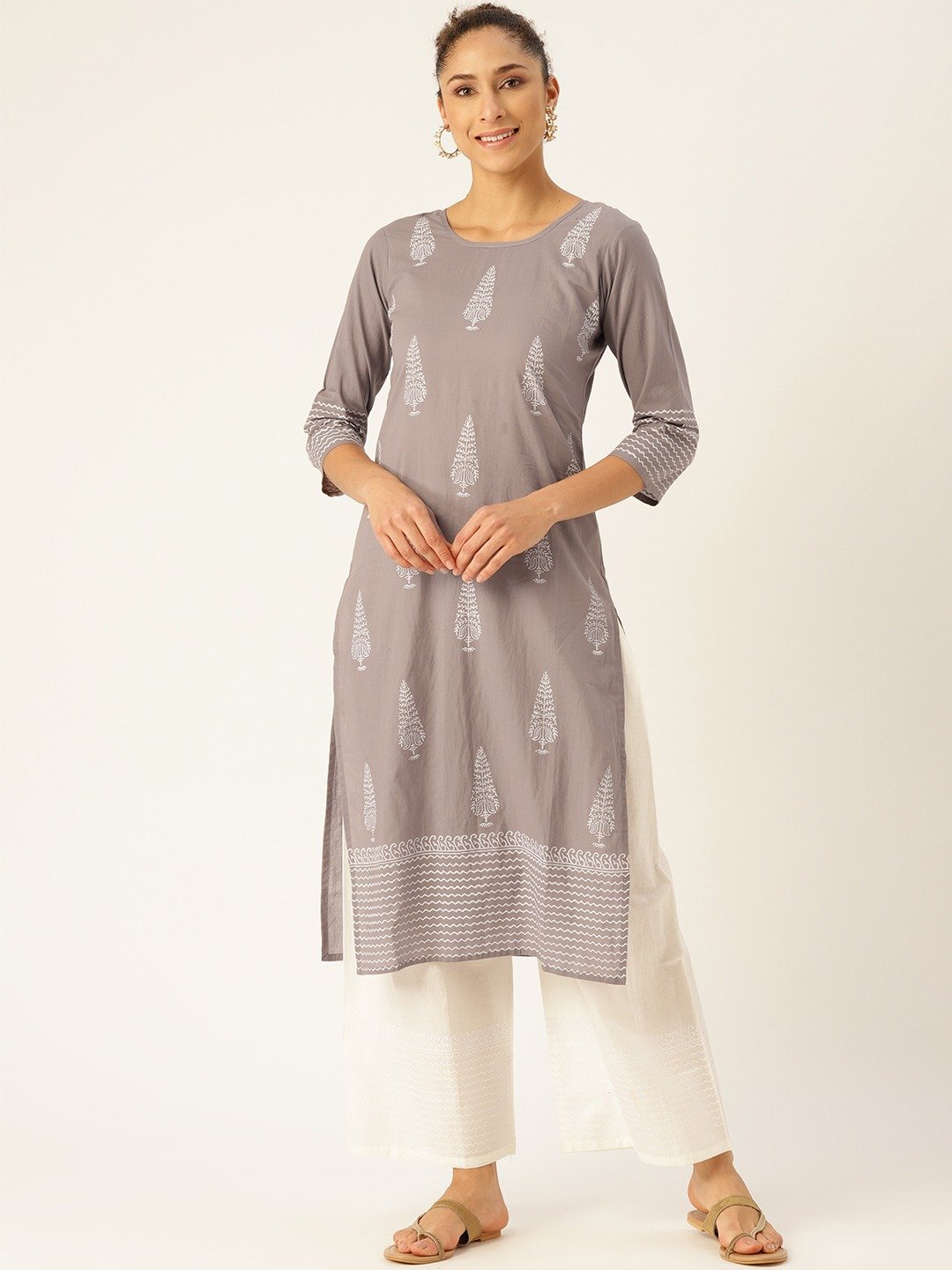 Women Grey Three-Quarter Sleeves Straight Kurta with Palazzo Set | NOZ2TOZ - Made In INDIA.