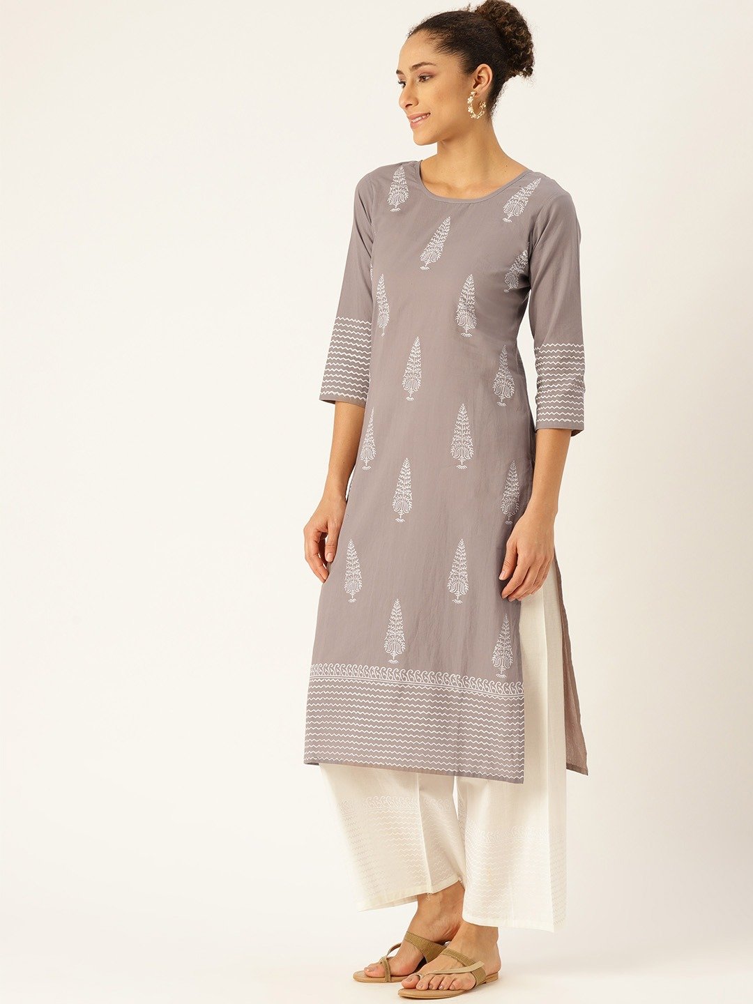 Women Grey Three-Quarter Sleeves Straight Kurta with Palazzo Set | NOZ2TOZ - Made In INDIA.