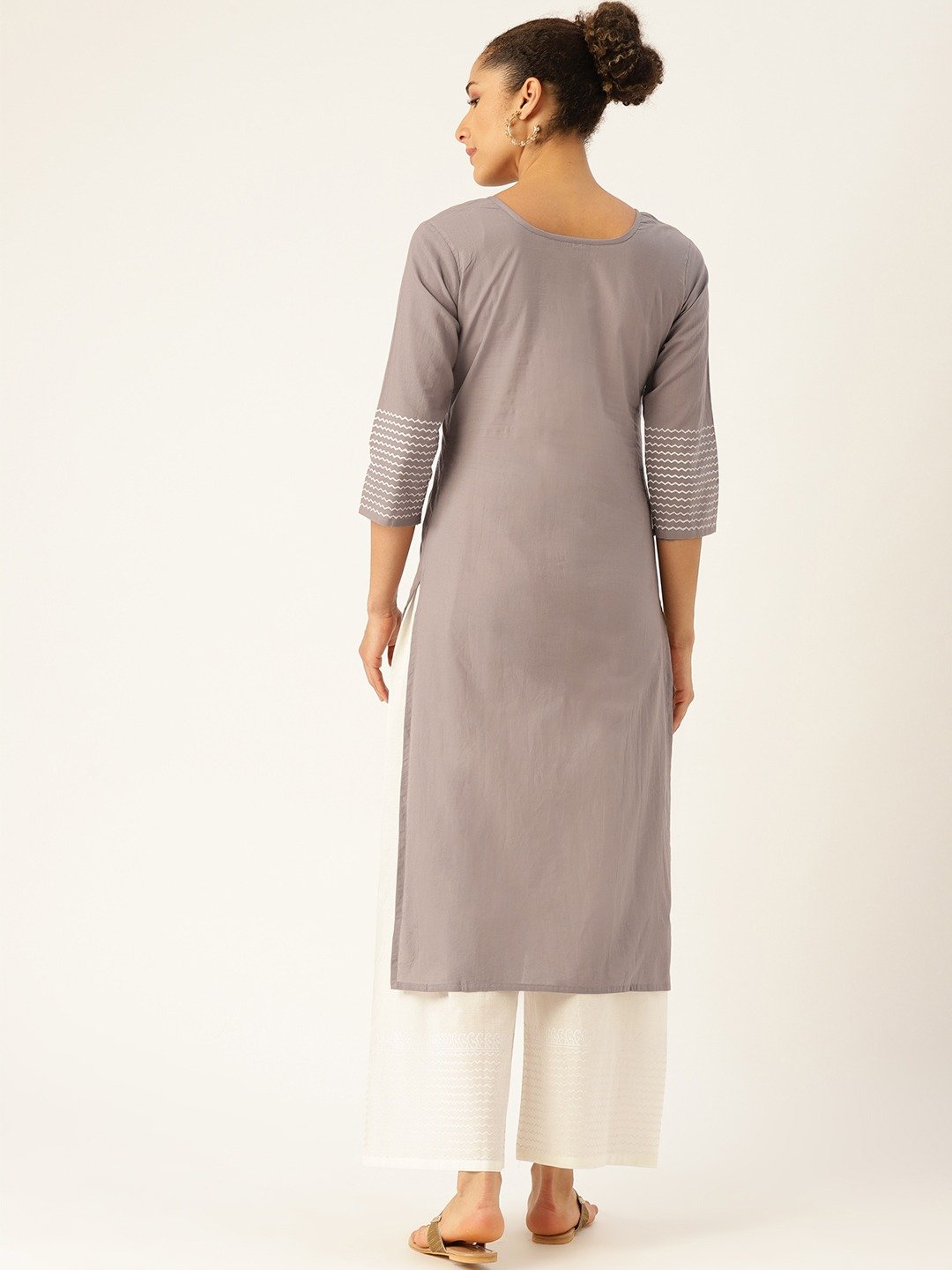 Women Grey Three-Quarter Sleeves Straight Kurta with Palazzo Set | NOZ2TOZ - Made In INDIA.