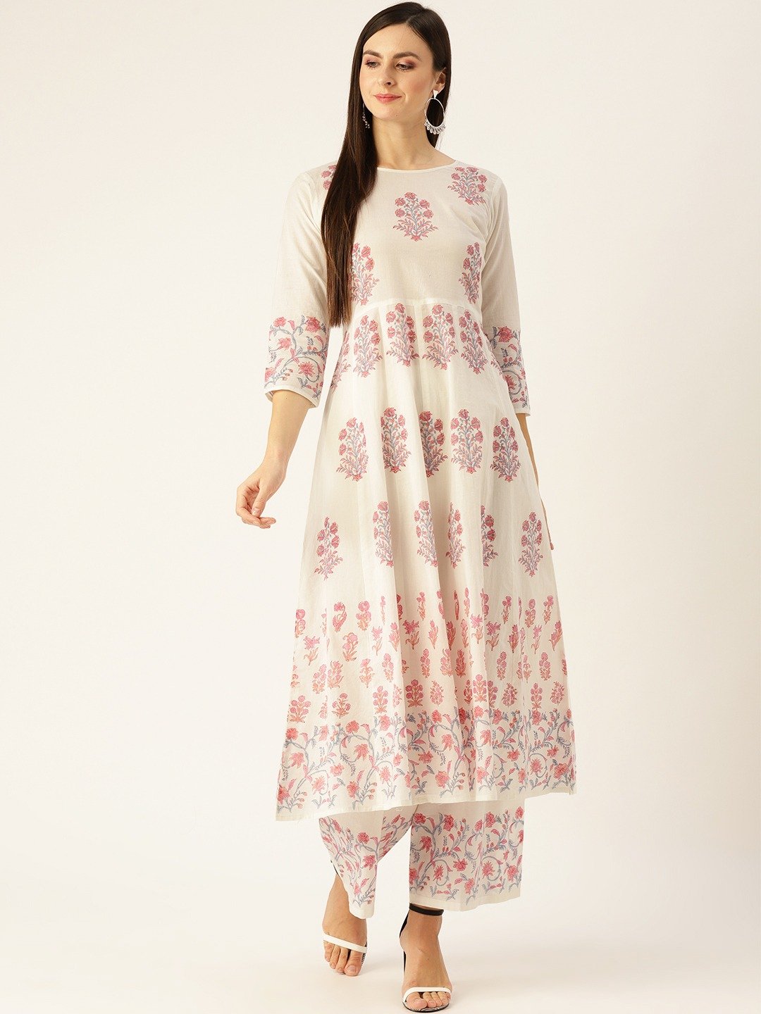 Women White Three-Quarter Sleeves Flared Kurta with Palazzo Set | NOZ2TOZ - Made In INDIA.