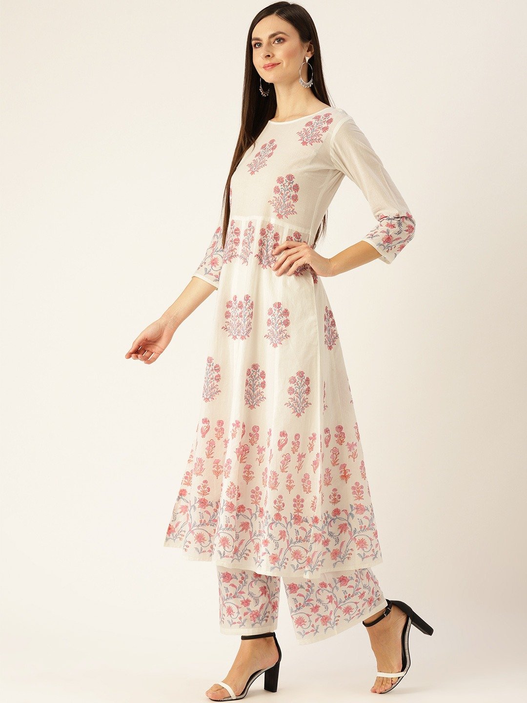 Women White Three-Quarter Sleeves Flared Kurta with Palazzo Set | NOZ2TOZ - Made In INDIA.