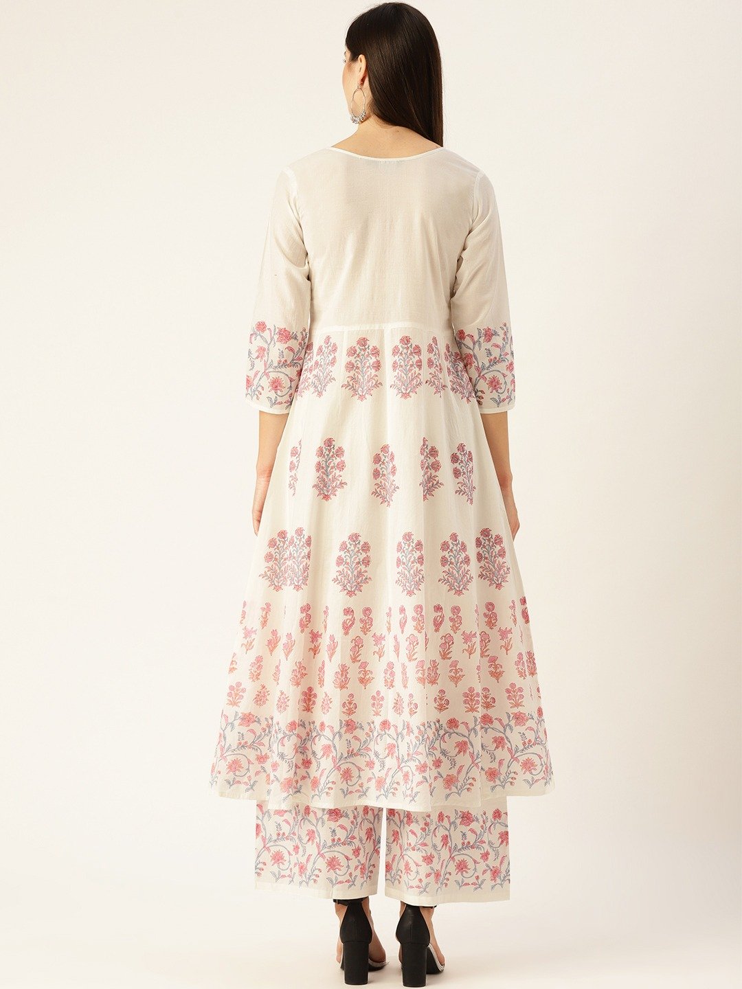 Women White Three-Quarter Sleeves Flared Kurta with Palazzo Set | NOZ2TOZ - Made In INDIA.