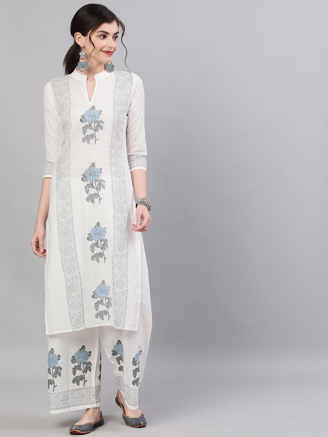 Women White Three-Quarter Sleeves Straight Kurta with Palazzo Set | NOZ2TOZ - Made In INDIA.