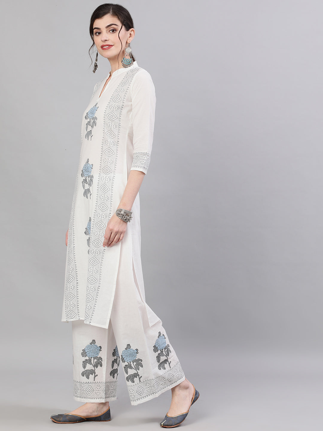 Women White Three-Quarter Sleeves Straight Kurta with Palazzo Set | NOZ2TOZ - Made In INDIA.