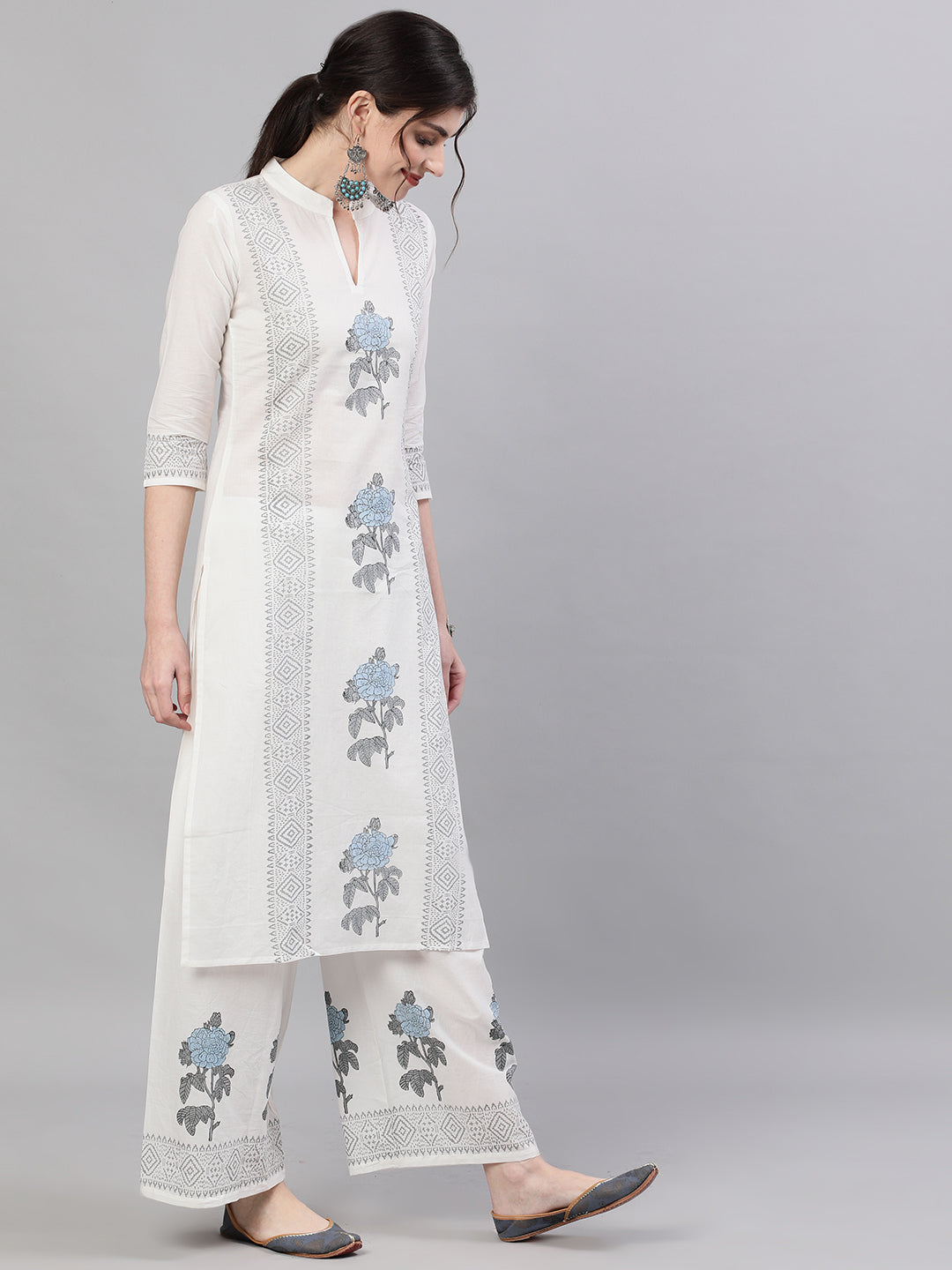 Women White Three-Quarter Sleeves Straight Kurta with Palazzo Set | NOZ2TOZ - Made In INDIA.