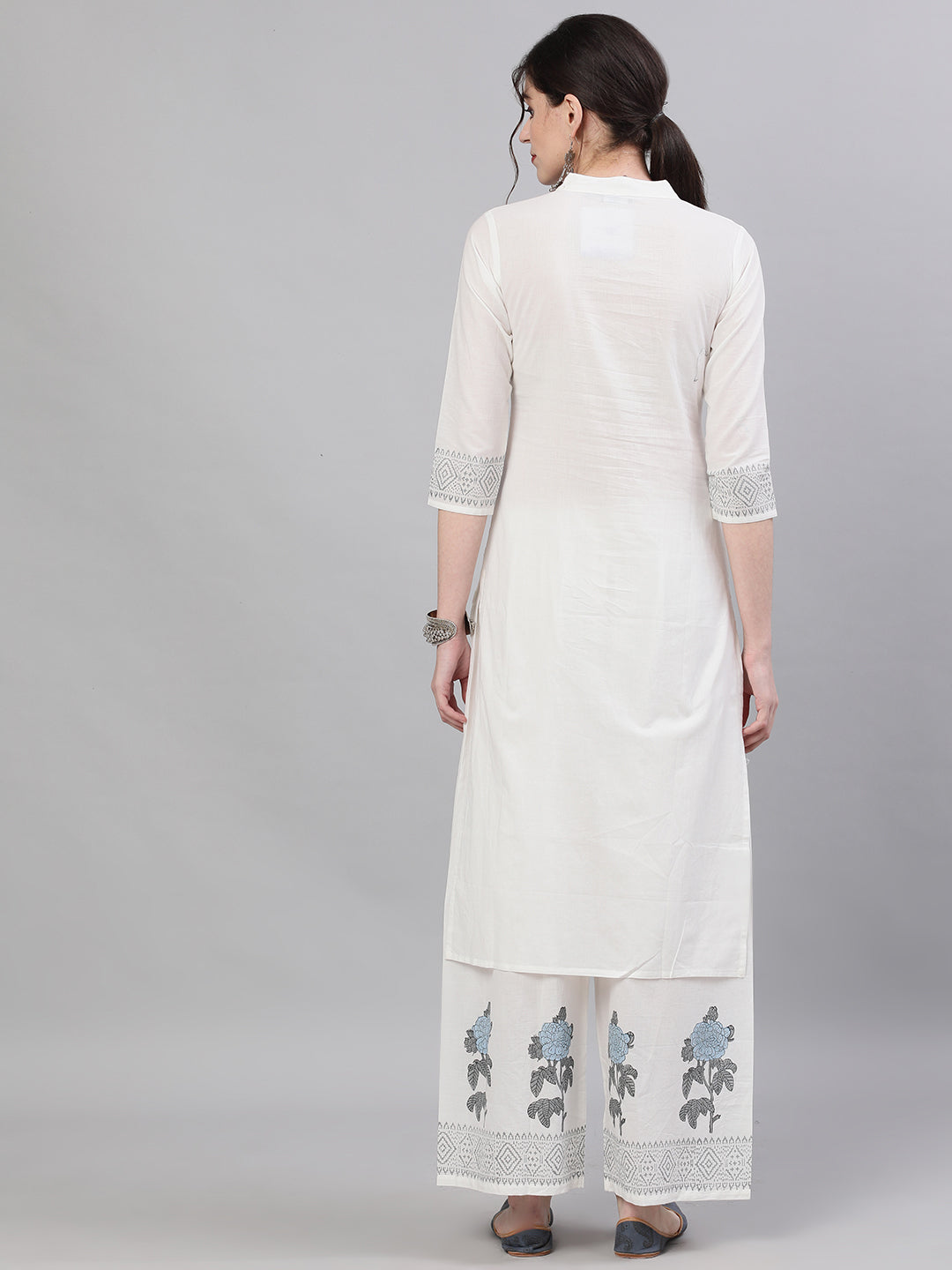 Women White Three-Quarter Sleeves Straight Kurta with Palazzo Set | NOZ2TOZ - Made In INDIA.