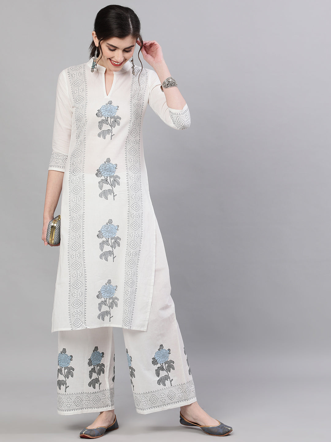 Women White Three-Quarter Sleeves Straight Kurta with Palazzo Set | NOZ2TOZ - Made In INDIA.