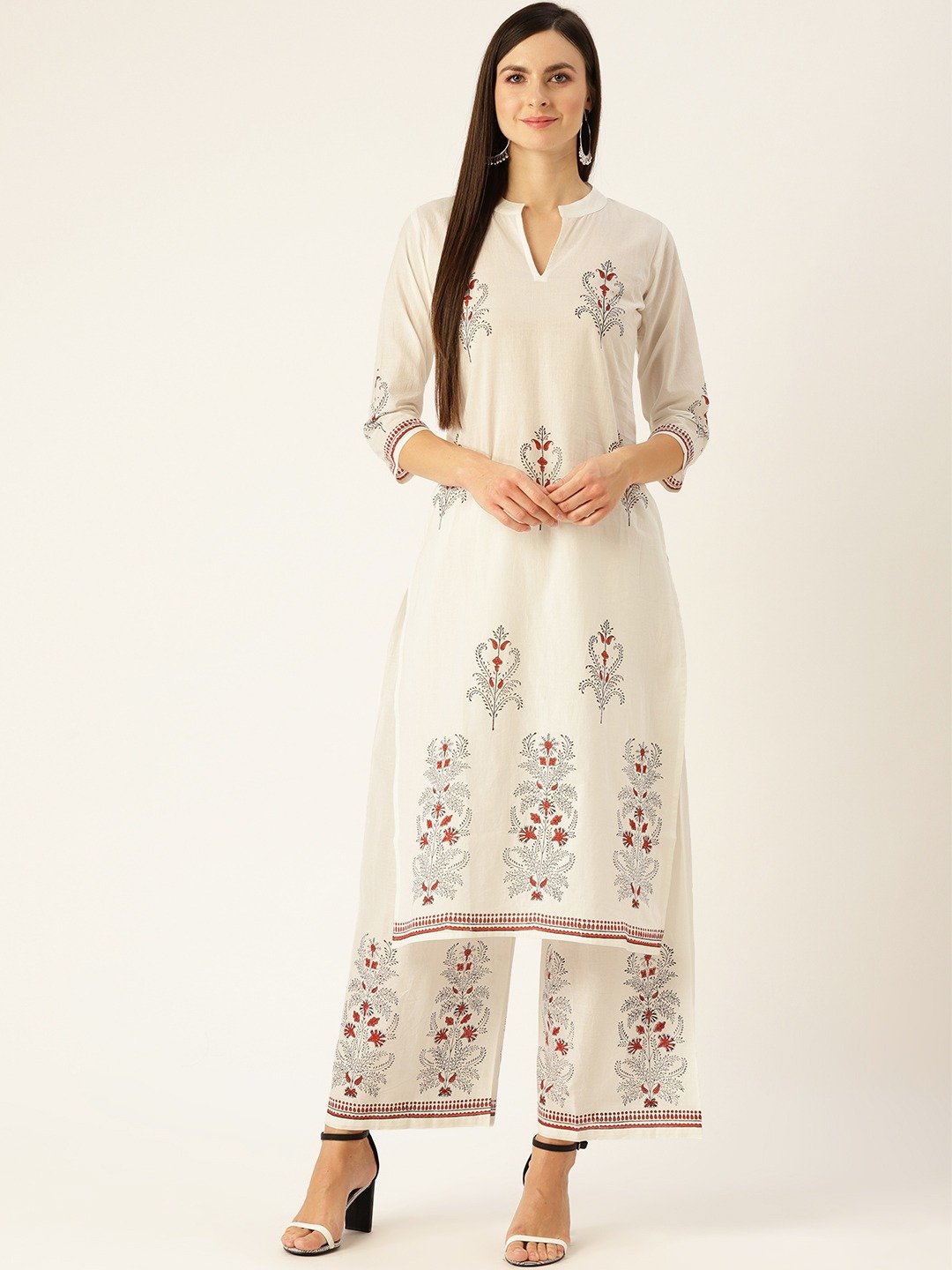 Women White Three-Quarter Sleeves Straight Kurta with Palazzo Set | NOZ2TOZ - Made In INDIA.