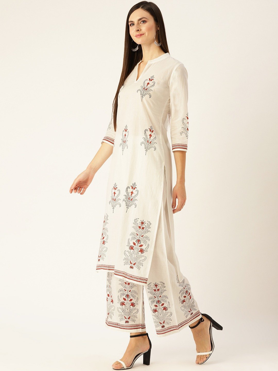 Women White Three-Quarter Sleeves Straight Kurta with Palazzo Set | NOZ2TOZ - Made In INDIA.