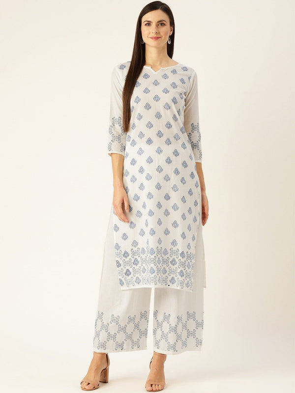 Women White Three-Quarter Sleeves Straight Kurta with Palazzo Set | NOZ2TOZ - Made In INDIA.