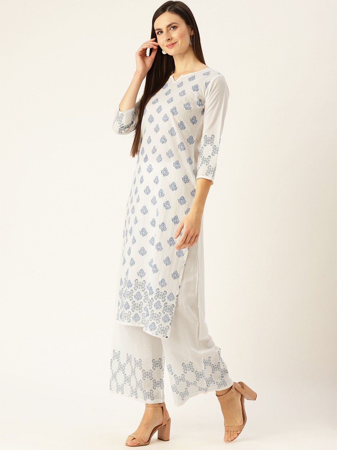 Women White Three-Quarter Sleeves Straight Kurta with Palazzo Set | NOZ2TOZ - Made In INDIA.