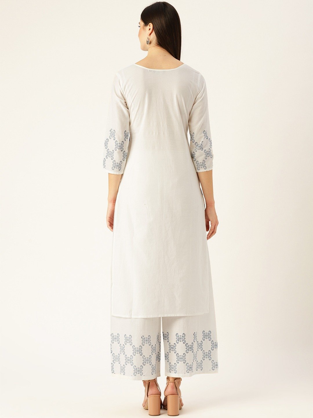 Women White Three-Quarter Sleeves Straight Kurta with Palazzo Set | NOZ2TOZ - Made In INDIA.