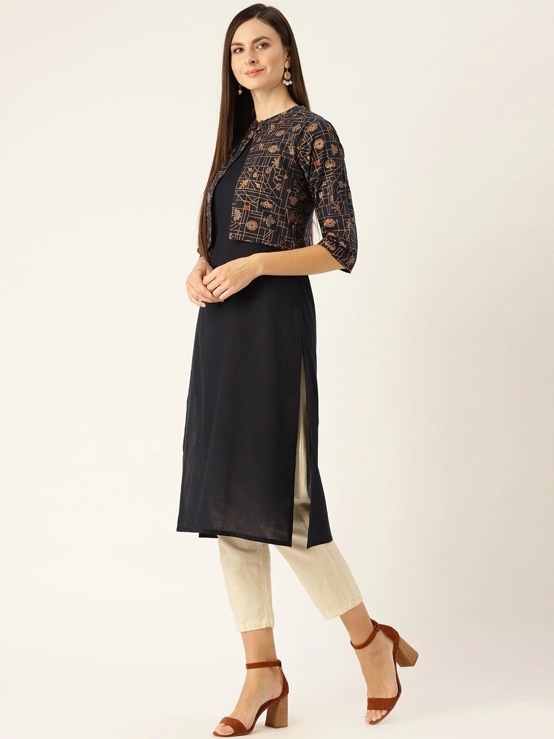 Women Navy Calf Length Three-Quarter Sleeves Straight Solid Printed Cotton Kurta | NOZ2TOZ - Made In INDIA.